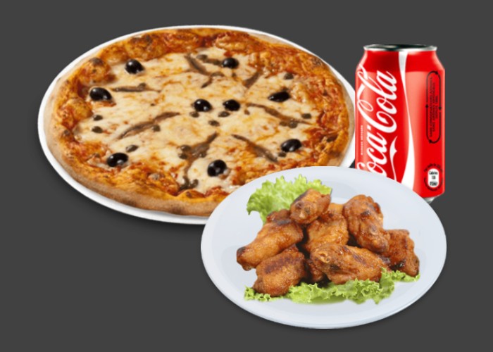 1 Pizza junior au choix<br>
+ 4 Chicken wings<br>
+ 1 Coca Cola 33cl.