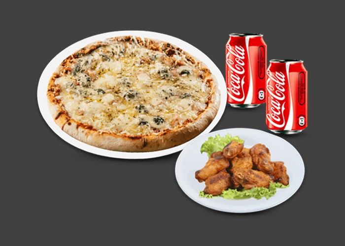 1 Pizza senior au choix<br>
+ 6 Chicken wings<br>
+ 2 Coca cola 33cl.
