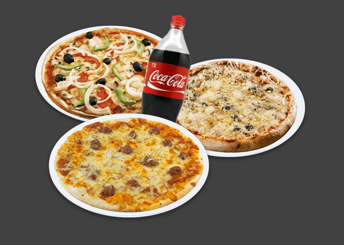 3 Pizzas junior au choix 
+ 1 Maxi coca cola 1.25l.