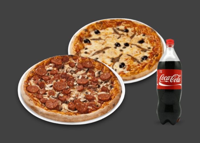 2 Pizzas familiales au choix 
+ 1 Maxi coca cola 1.25l.