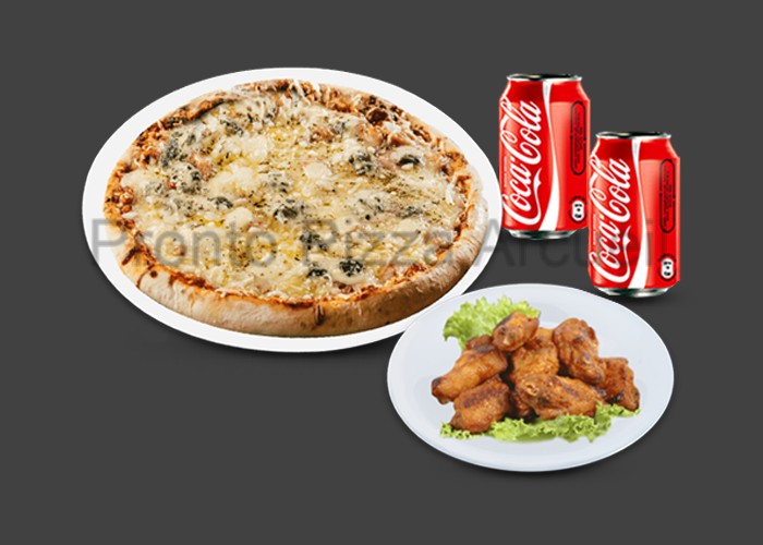 1 Pizza senior au choix 
+ 6 Chicken wings 
+ 2 Coca cola 33cl.