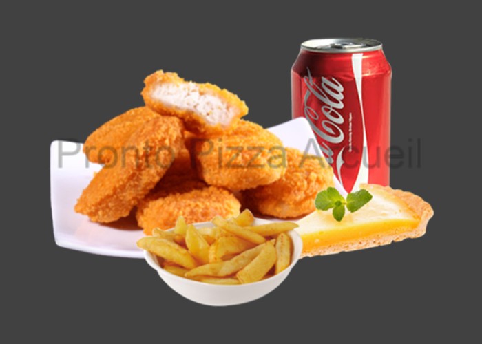 6 Nuggets ou 6 wings 
+ Potatoes 
+ Sauce barbecue 
+ 1 Dessert au choix 
+ 1 Boisson 33cl au choix.