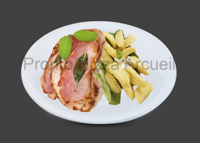 Crme frache, jambon, champignons, gratine au four 
+ Garniture au choix.