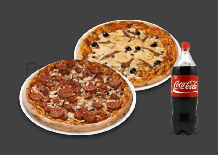 2 Pizzas familiales au choix<br>
+ 1 Maxi coca cola 1.25l.